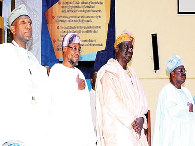 Chairman, Council of Registered Builders of Nigeria (CORBON), Prof. Bala Kabir (left) Osun State Governor, Rauf Aregbesola, President, Nigerian Institute of Building, Tunde Lasabi, Oyo State Governor, Senator Abiola Ajimobi during the 45th Builders’ Conference/Annual General Meeting of the Nigerian Institute of Building, at International Conference Centre, University of Ibadan, Oyo State, recently