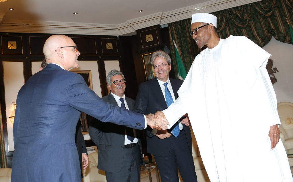 PRESIDENT BUHARI RECEIVES ITALIAN FOREIGN MINISTER 5A&B R-L. President Muhammadu Buhari, the Italian Minister of Foreign Affairs and International Cooperation, Mr Paola Gentiloni Silveri and Minister of State Interior, Mr Dott. D. Manzione and Former Italian Ambassador to Brazil, Amb Raffaele Trombetta during an audience at the State house in Abuja. PHOTO; SUNDAY AGHAEZE/STATE HOUSE. AUG 4 2016