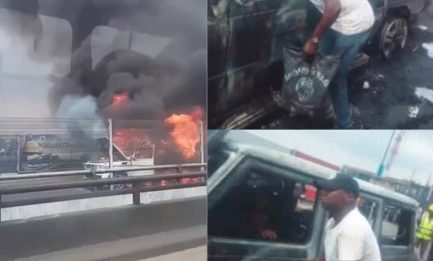 Governor Fayose At The Scene Where His Mercedes Benz G-wagon Burst Into Flames